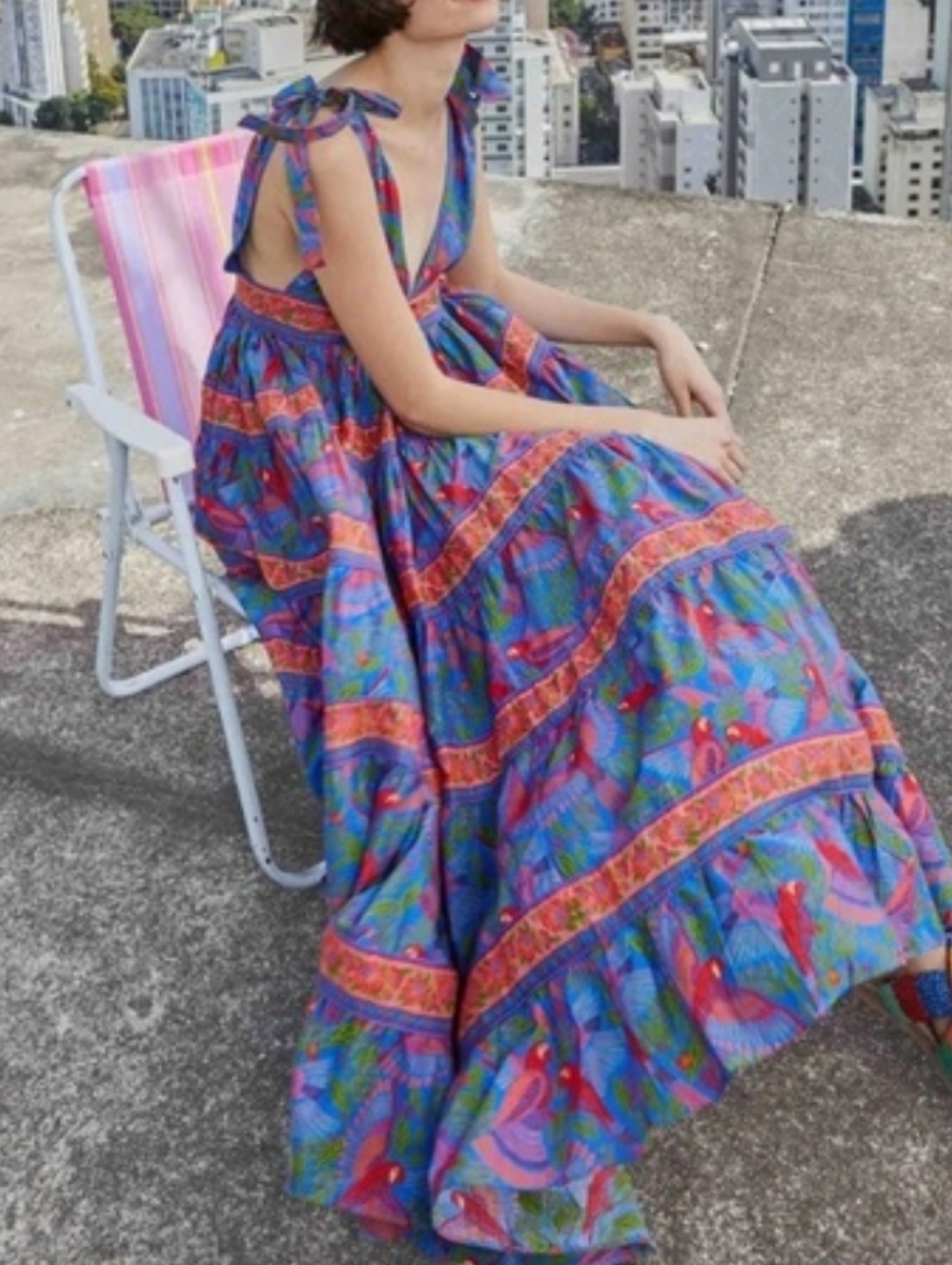 Farm Rio Blue Macaw Tie Shoulder Tiered Midi Dress - Picture 9 of 12